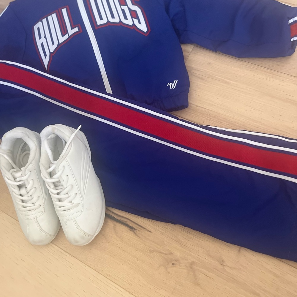 Varsity Blue and Red Kids Tracksuit with White Sneakers